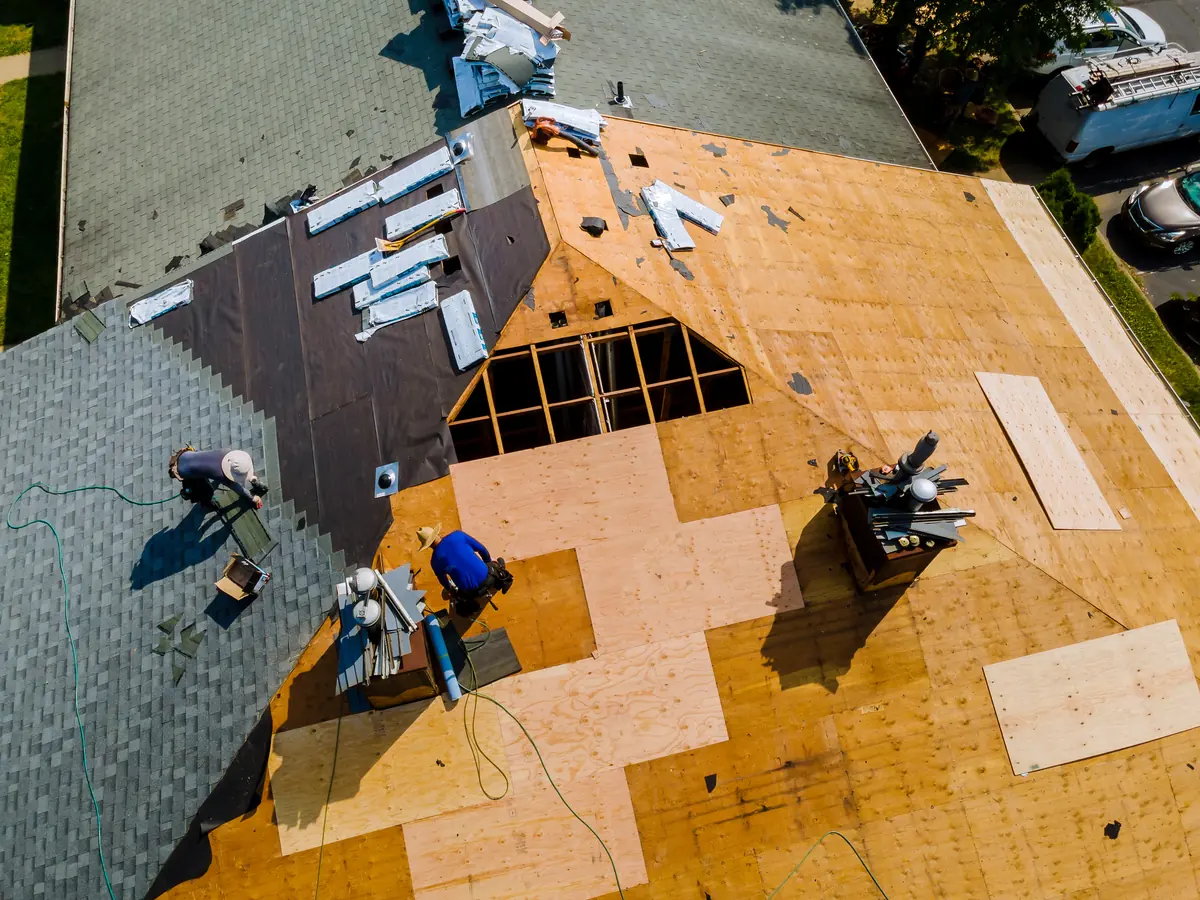 Aerial view of a roof replacement with new decking