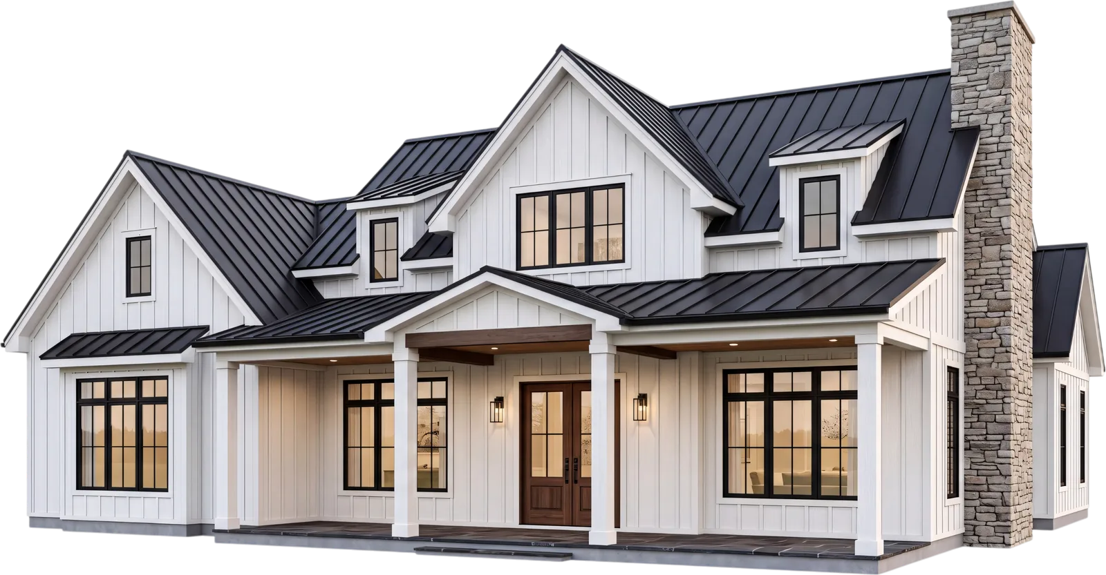 Modern farmhouse with a black standing seam metal roof